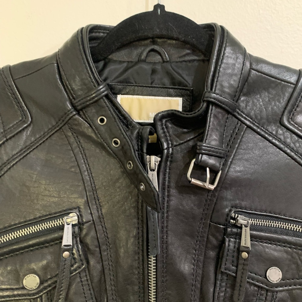 Michael Kors Bomber Biker Motorcycle Genuine Leather Jacket Quilted Trim Size PL - Picture 7 of 16
